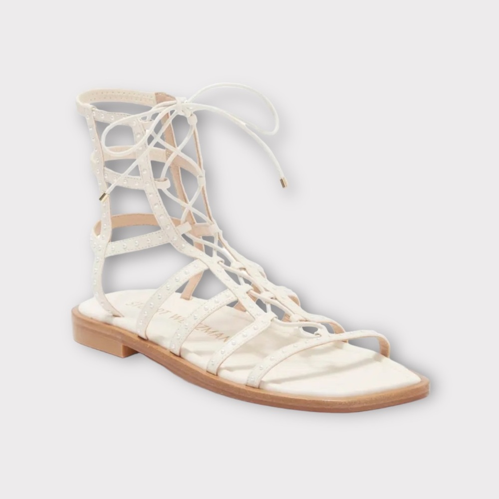 Stuart Weitzman Kora Sandals Flats Size 7.5 Lace Up Gladiator Caged Seashell NWT